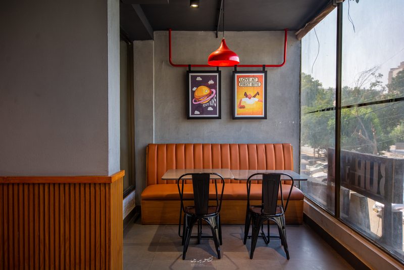 Burger Lab, Gulshan-e-Jauhar: restaurant seating built by Petra Constructors.